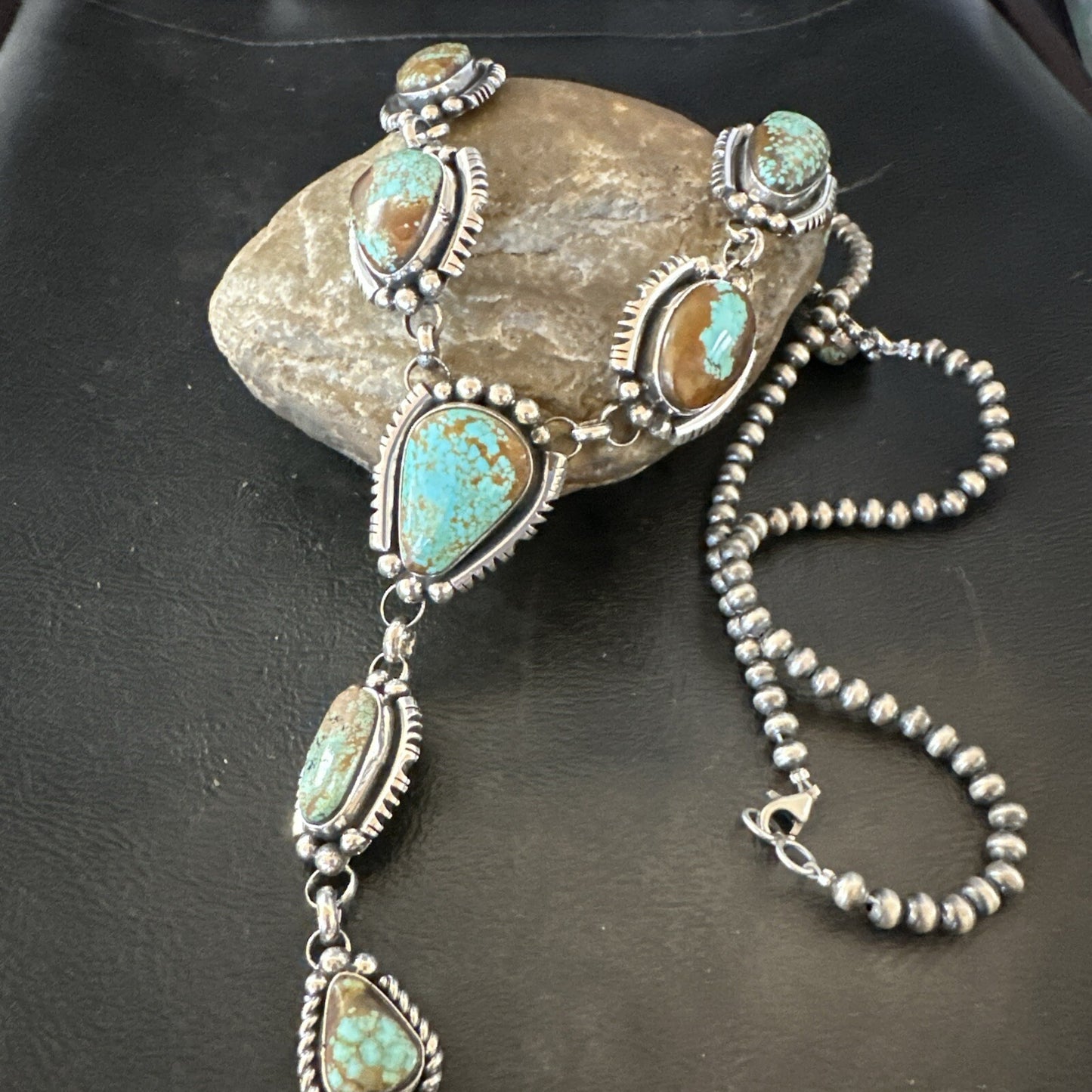 Mens Blue Turquoise #8 Navajo Pearls Sterling Silver Lariat Necklace 28" 18819
