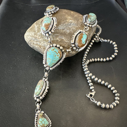 Mens Blue Turquoise #8 Navajo Pearls Sterling Silver Lariat Necklace 28" 18819