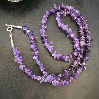 Purple Amethyst Southwestern Nugget Bead Sterling Silver Necklace 27” 19017