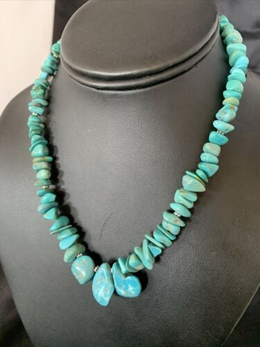 Navajo Blue Green Turquoise Necklace Sterling Silver 16" Handmade 12914