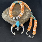 Blue Turquoise Spiny Oyster Naja Pendant Navajo Necklace | Sterling Silver | Authentic Native American Handmade | 14811