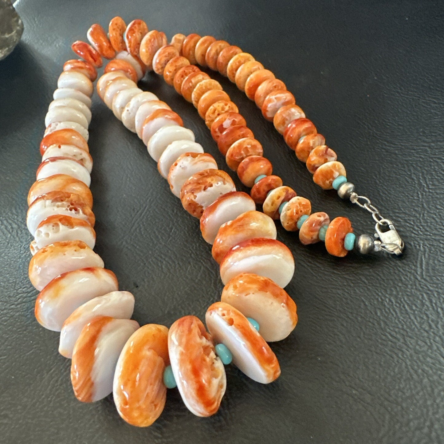 Orange Spiny Oyster Blue Turquoise Navajo Sterling Silver Necklace 23" 18088