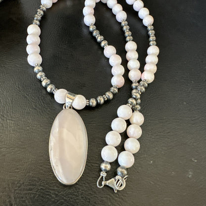 Southwestern Sterling Silver Pink Queen Conch Bead Necklace Pendant 20" 19555