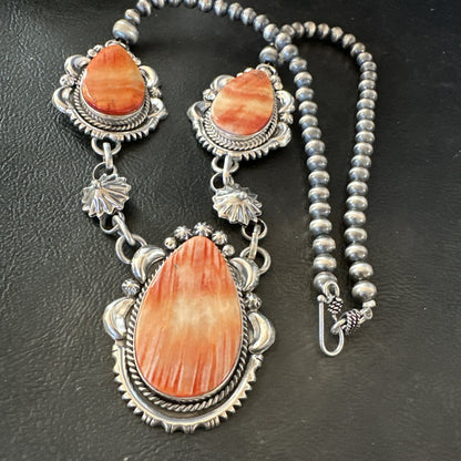 Orange Spiny Oyster Pendant Navajo Sterling Silver Lariat Necklace 21" 18628