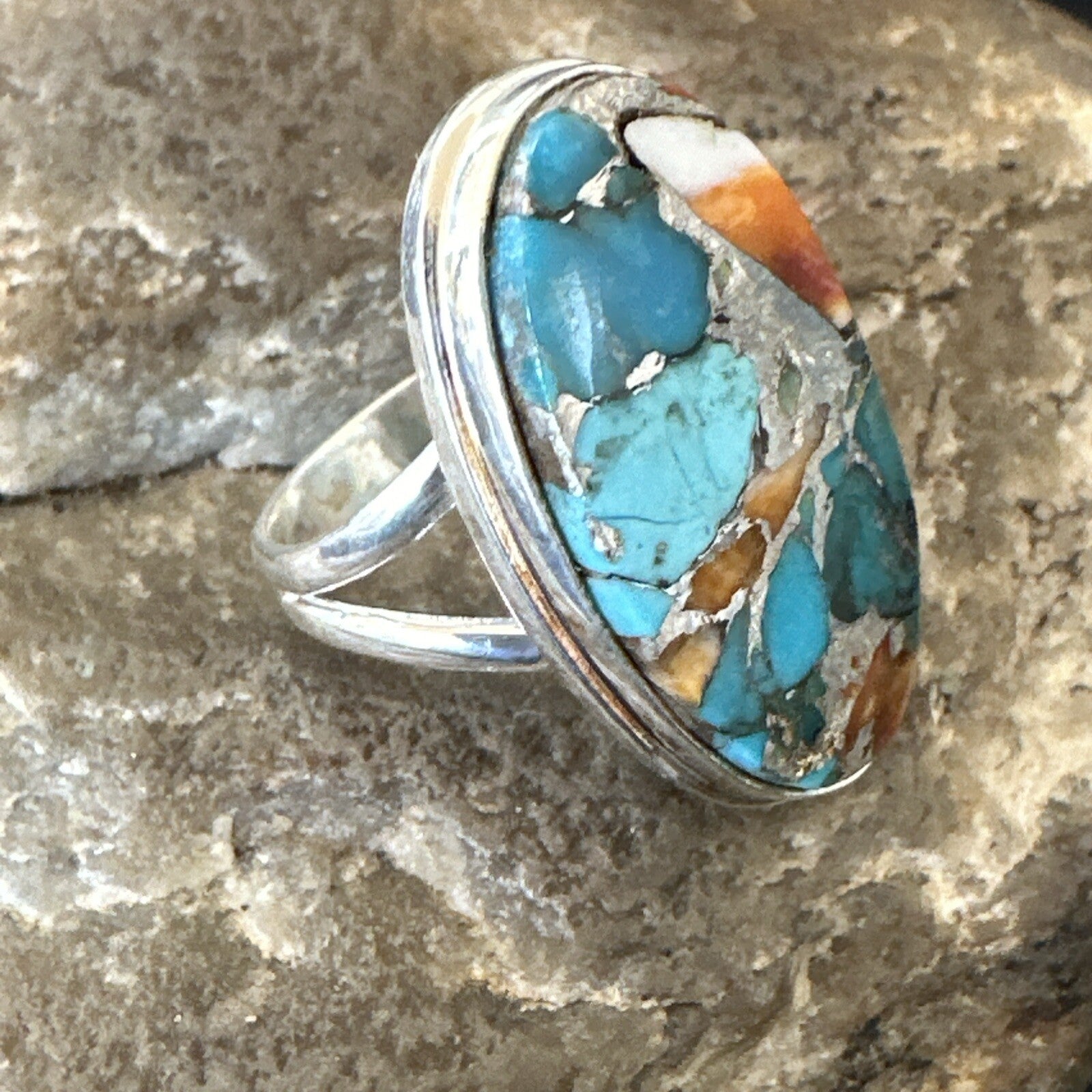 Blue Turquoise Spiny Oyster Southwestern Sterling Silver Ring Size 7 18444