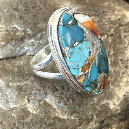 Blue Turquoise Spiny Oyster Southwestern Sterling Silver Ring Size 7 18444