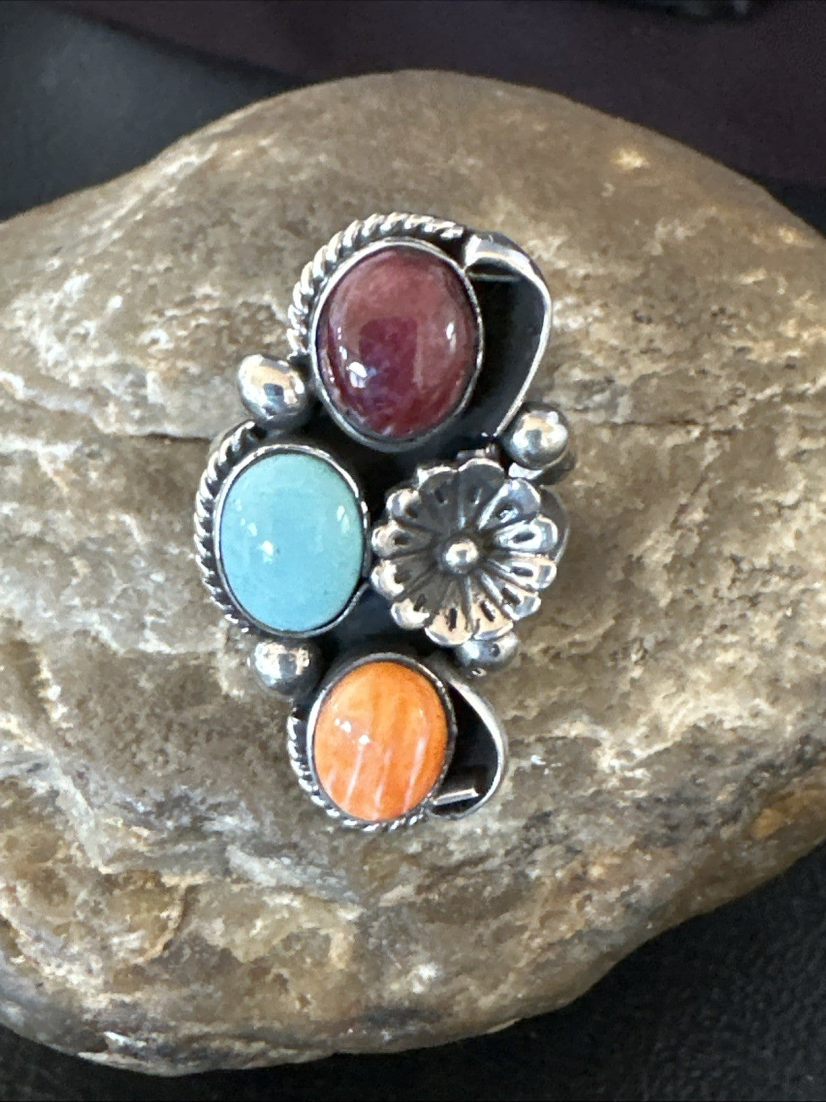 Multicolor Ring Turquoise Spiny Navajo Sterling Silver Cluster Size 8 19165