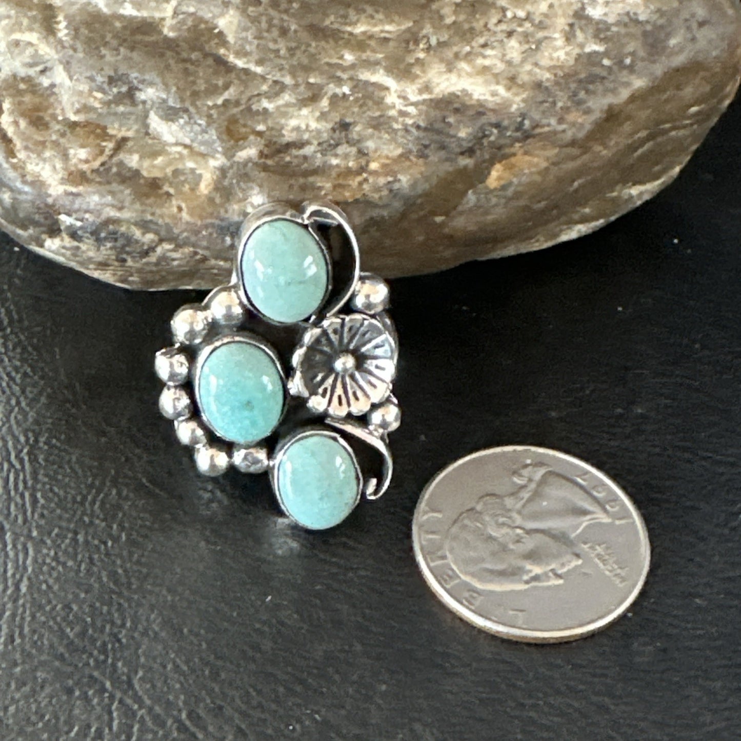 Yazzie Ring Green Turquoise Navajo Sterling Silver Cluster Size 9 19208