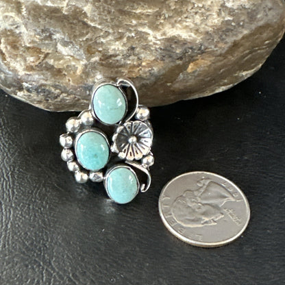 Yazzie Ring Green Turquoise Navajo Sterling Silver Cluster Size 9 19208