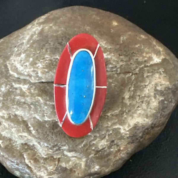 Blue Turquoise Coral Navajo Ring Size 7.5 | Sterling Silver | Authentic Native American Handmade | 18767
