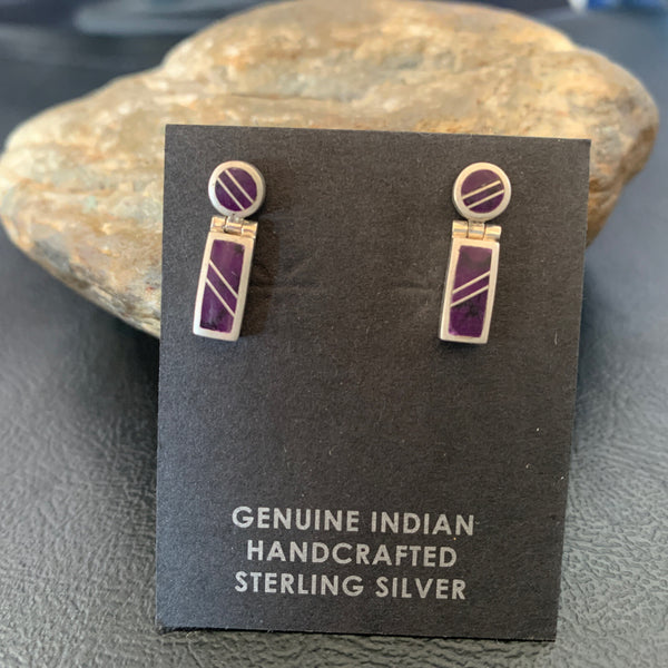 Purple Stone Navajo Dangle Inlay Earrings 0.6" | Sterling Silver | Authentic Native American Handmade | 12682