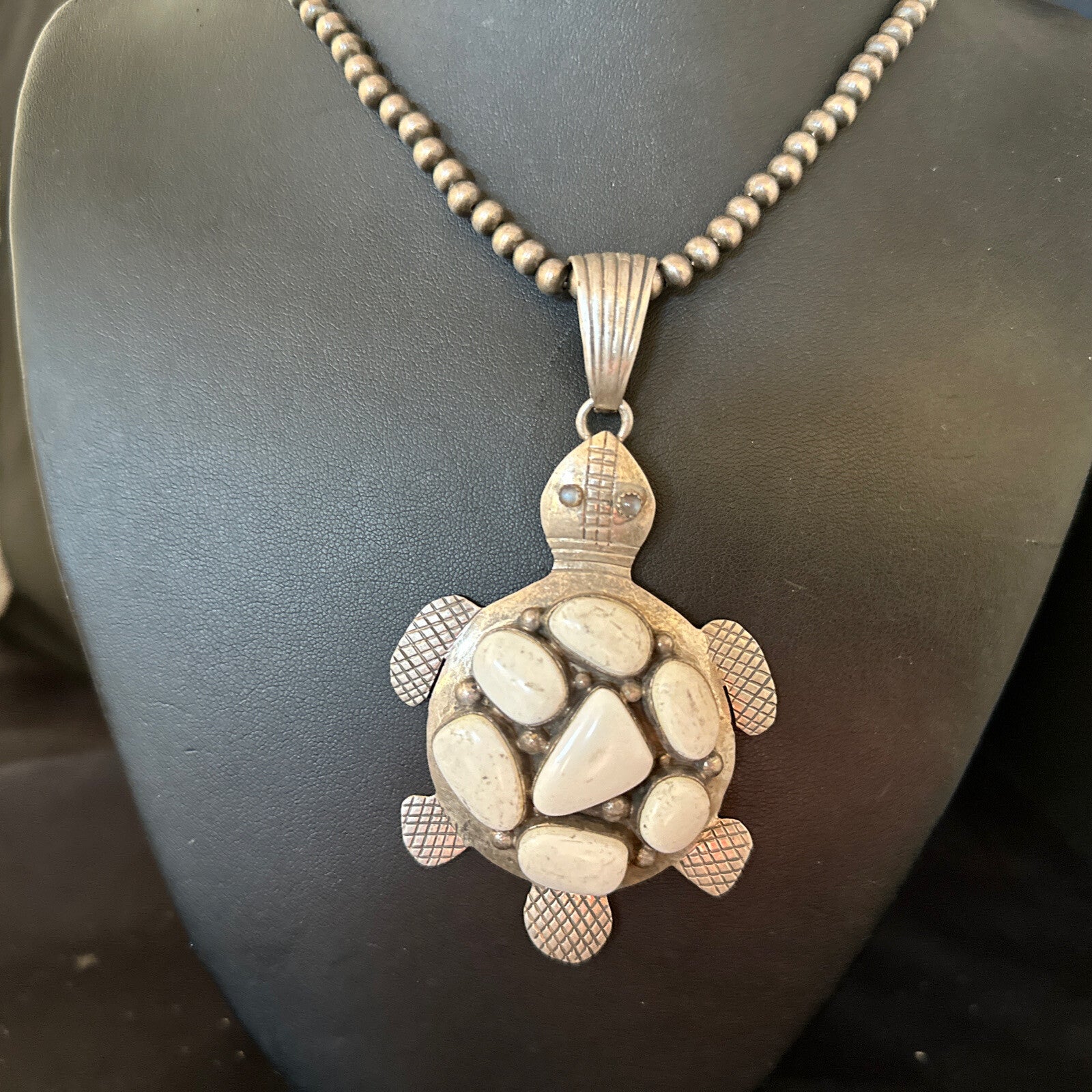 CLUSTER Turtle Navajo White Buffalo Turquoise Sterling Silver Pendant 14528
