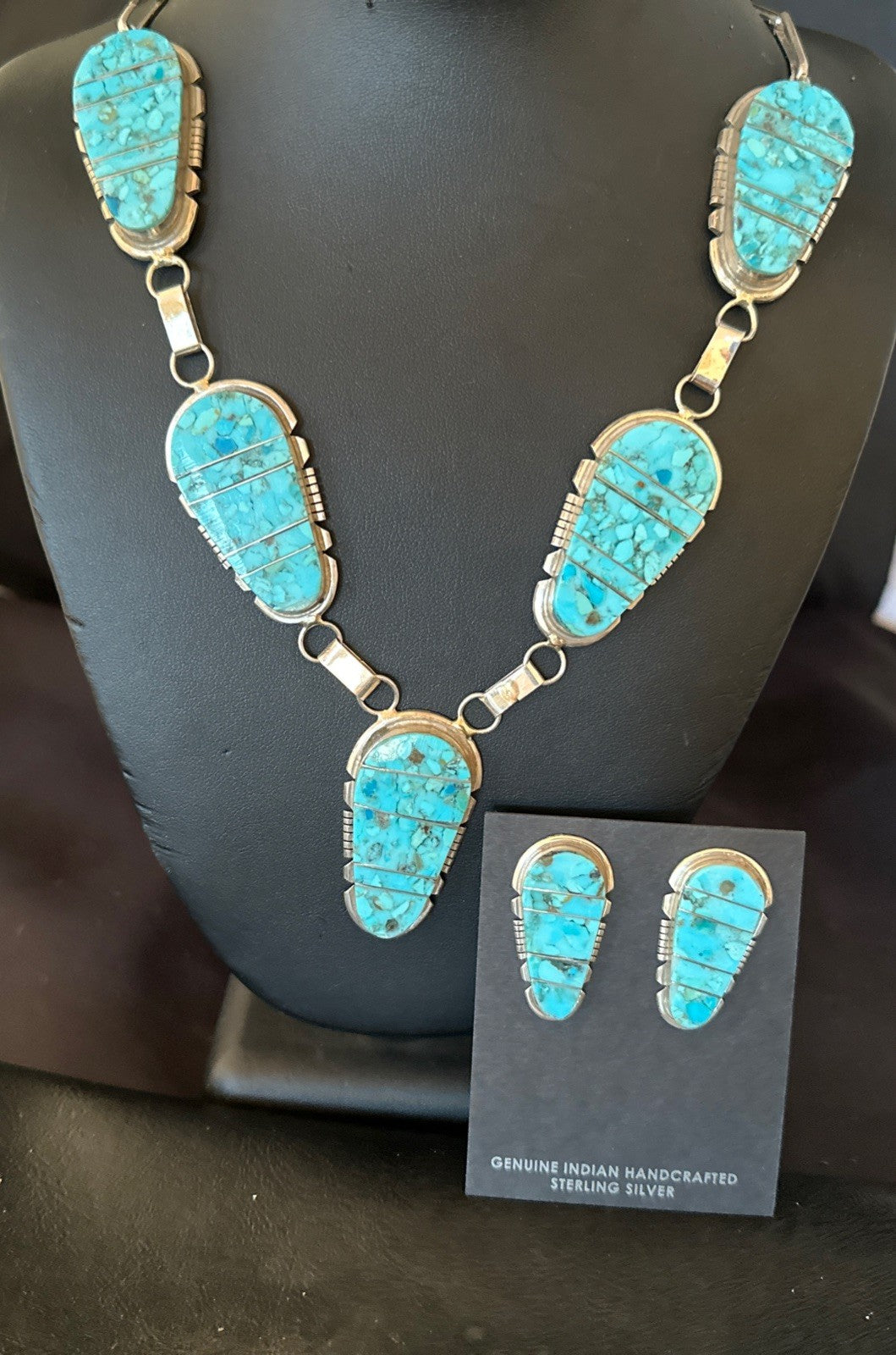 Inlay Kingman Turquoise Sterling Silver Lariat Necklace Pendant Earrings 19075