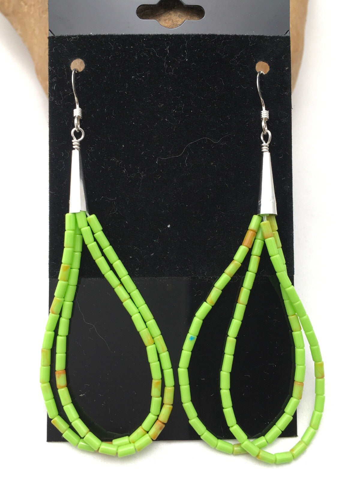 Gift Liquid Silver Heishi Dangle Green Gaspeite Sterling 2S Earrings 2.5” 4370
