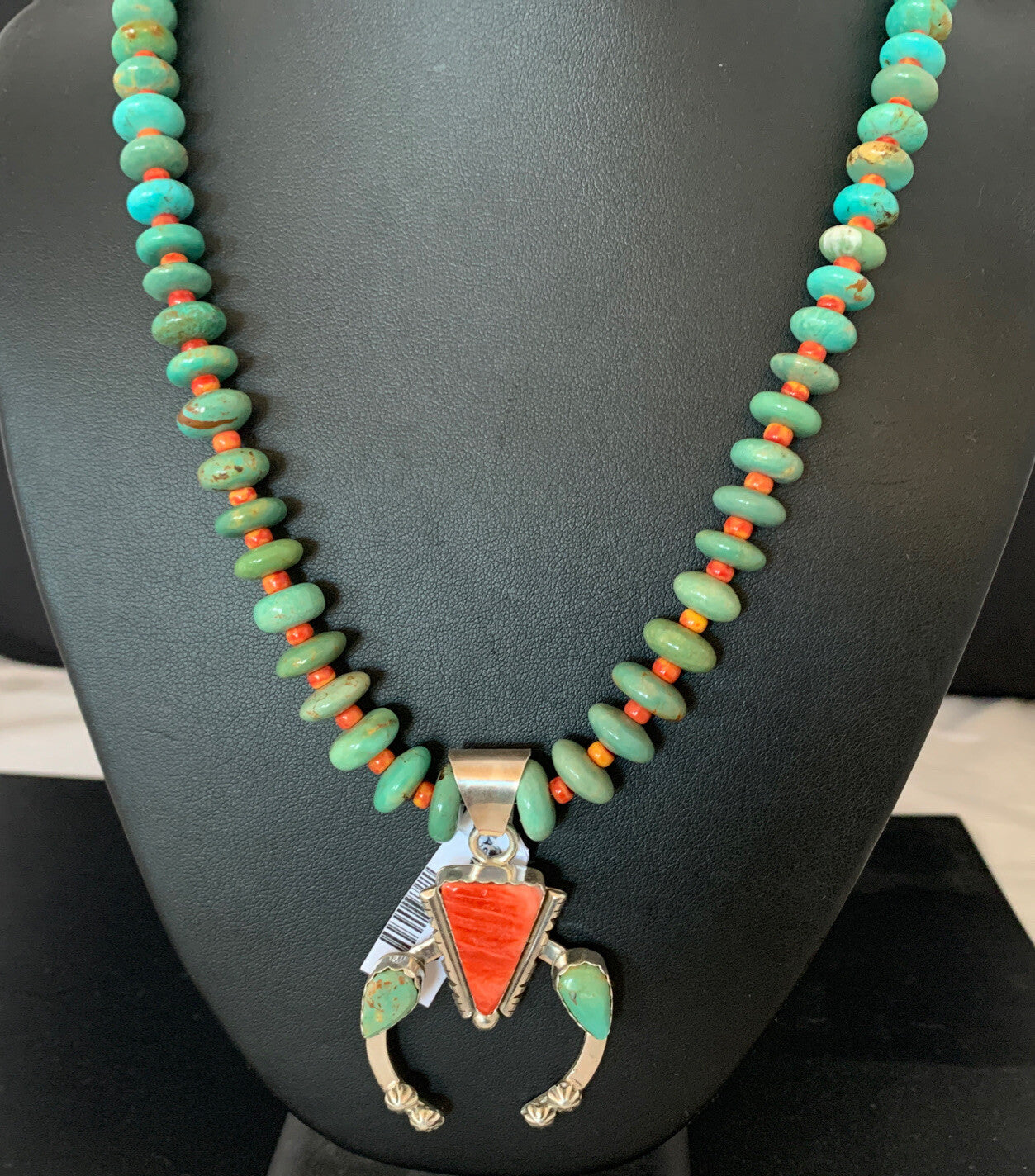 Royston Turquoise & Spiny Oyster Pendant Navajo Sterling Silver Necklace 02042