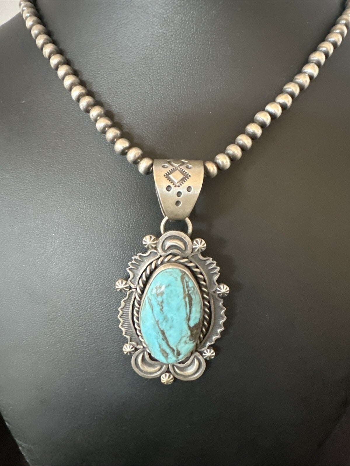 Mens Womens Blue Turquoise Pendant Sterling Silver Beads Sterling Necklace 18649