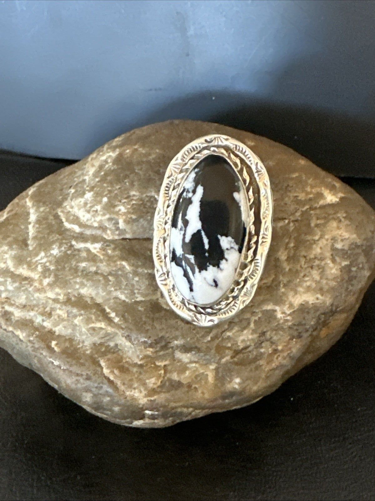 Black White Buffalo Turquoise Navajo Sterling Silver Ring Size 11 19810