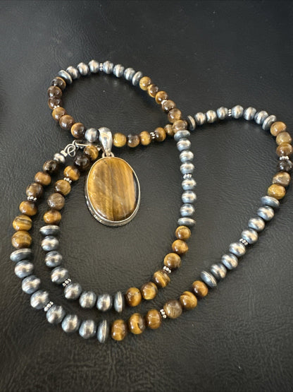 Coffee Brown Tigers Eye Sterling Silver Pendant Necklace Southwestern 18283