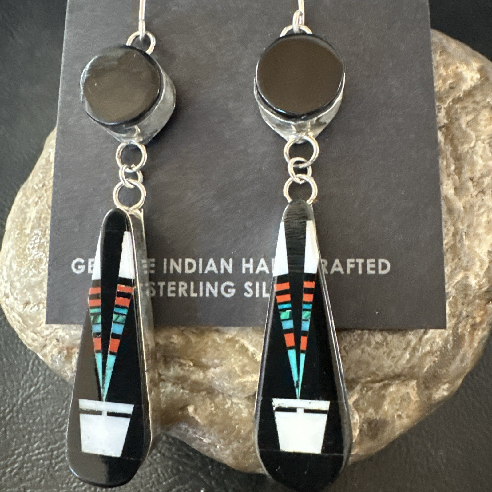XL Navajo Onyx Turquoise Coral Inlay Earrings Sterling Silver Handmade 19774