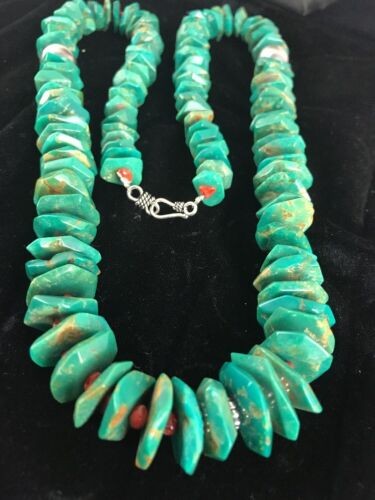 Navajo Turquoise & Spiny Oyster Necklace Sterling Silver 30" 8063