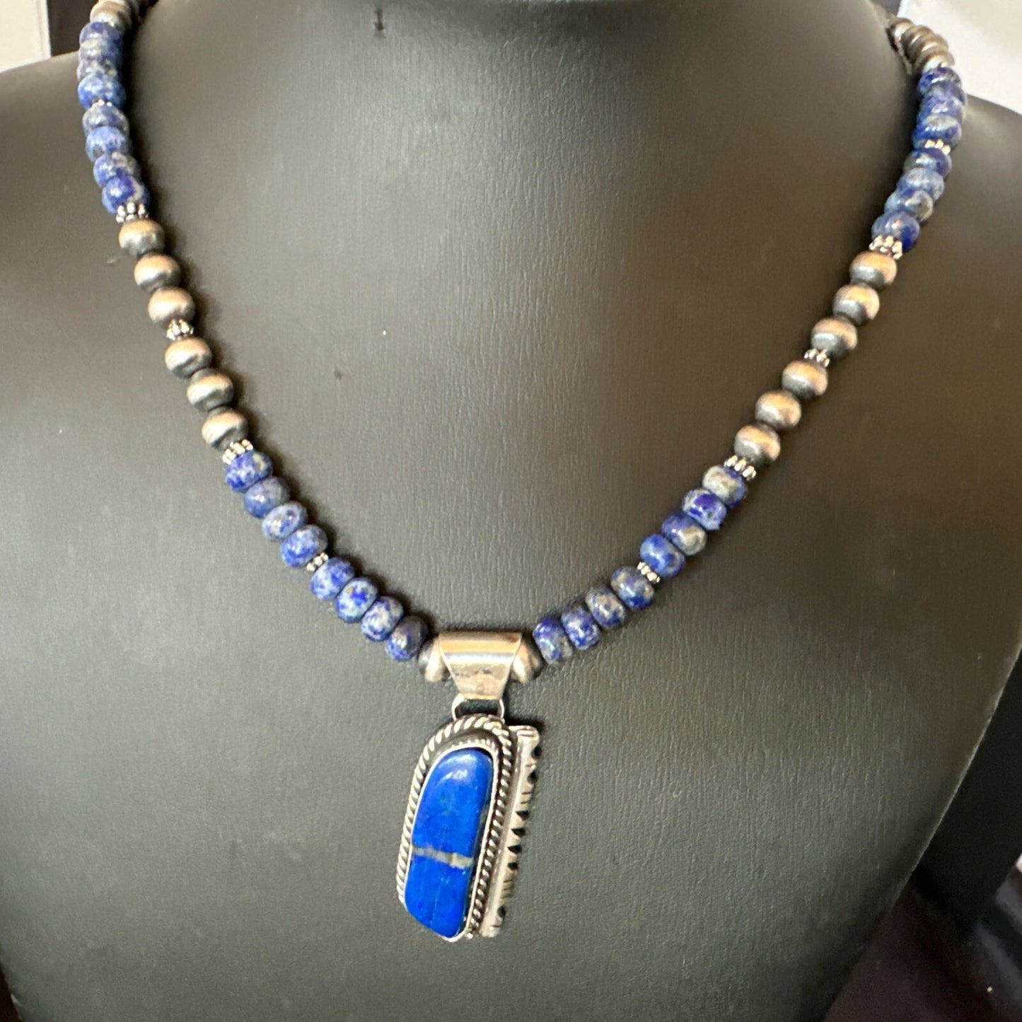 Blue~Lapis~Pendant~Navajo~Pearls~Sterling~Silver~Necklace~ 22”~18742