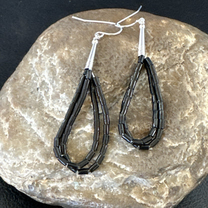 Black Onyx Heishi 2S Bead Southwestern Sterling Silver Earrings 2" 18177