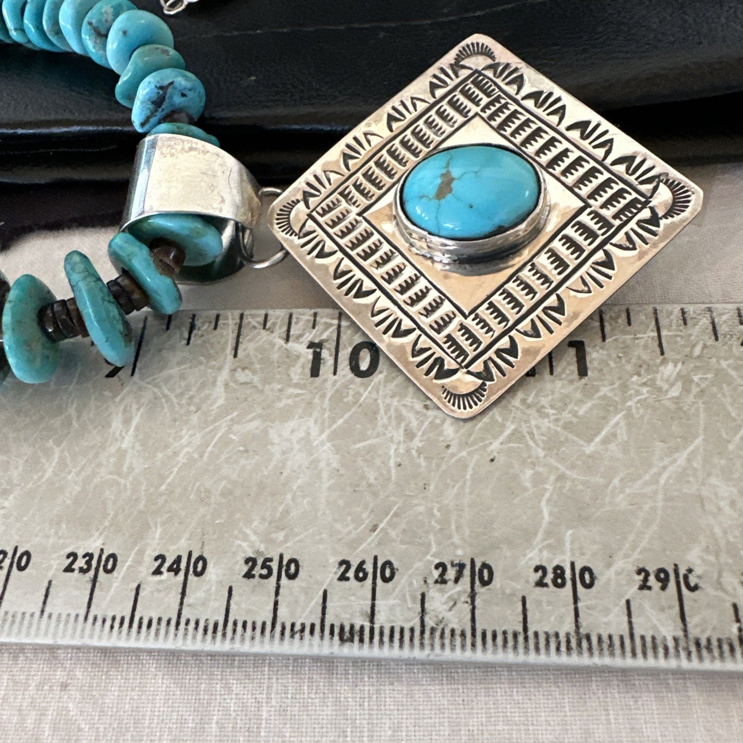 Navajo Blue Turquoise Stamped Pendant Shell Sterling Silver 29” Necklace 19704