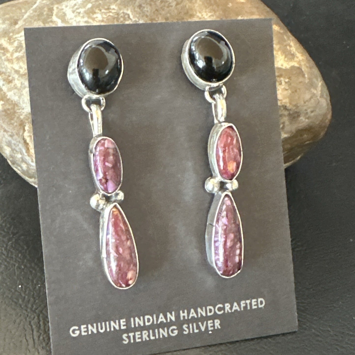 Purple Spiny Oyster Onyx Navajo Sterling Silver Dangle Earrings 2" 18570