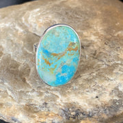 Blue Kingman Turquoise Oval Navajo Ring Size 8 Adjustable | Sterling Silver | Authentic Native American Handmade | 12800