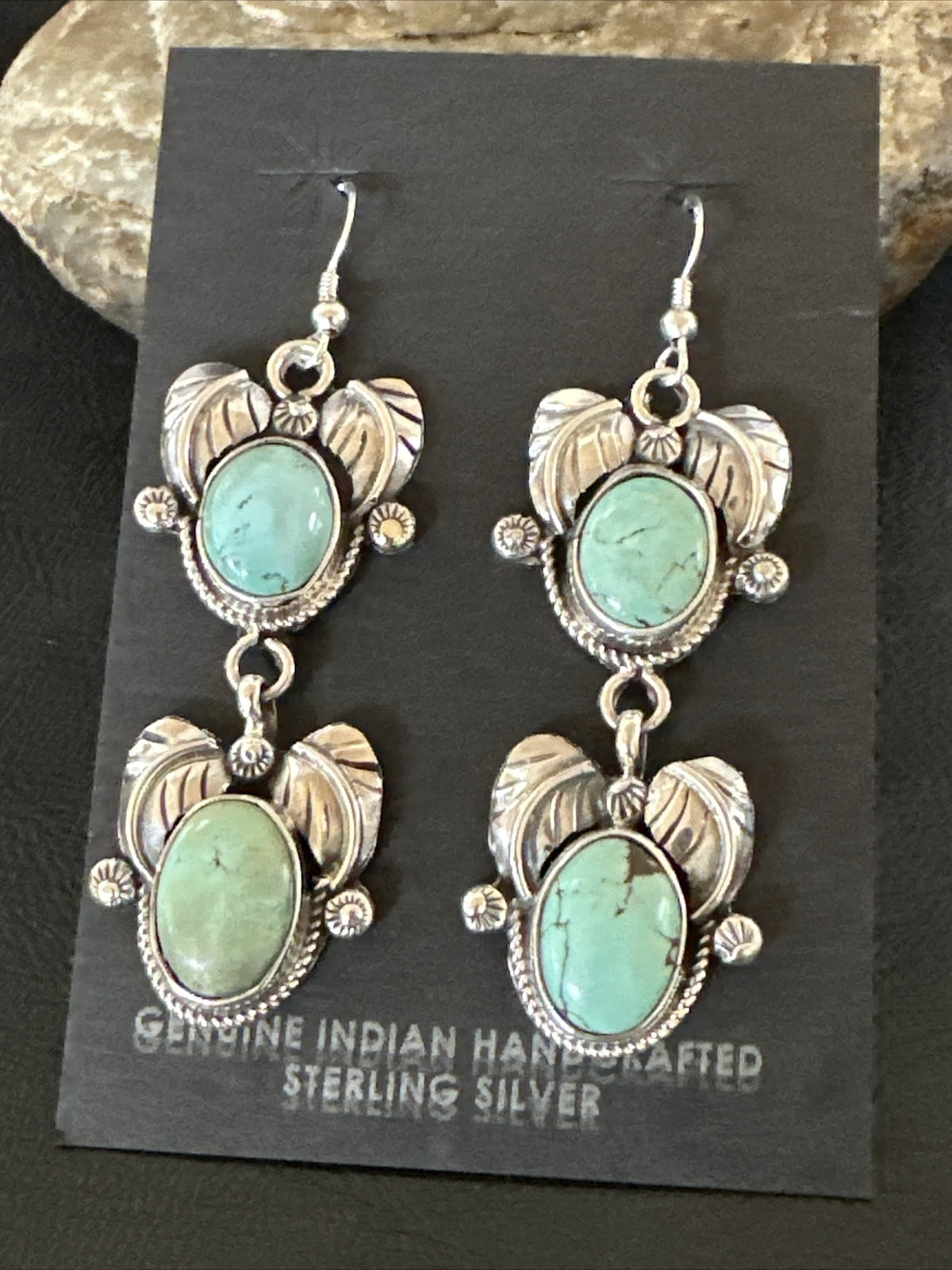 Native Navajo Blue Creek Turquoise Sterling Silver Dangle Earrings 2” 17918