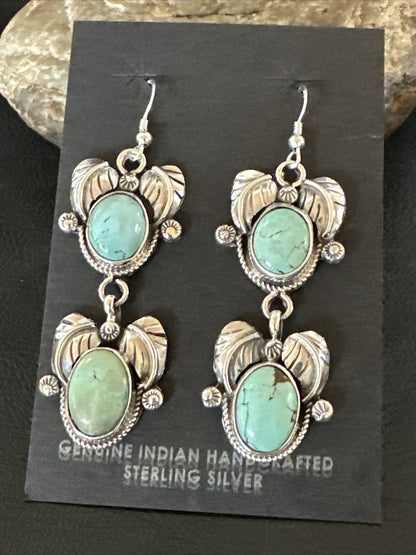Native Navajo Blue Creek Turquoise Sterling Silver Dangle Earrings 2” 17918