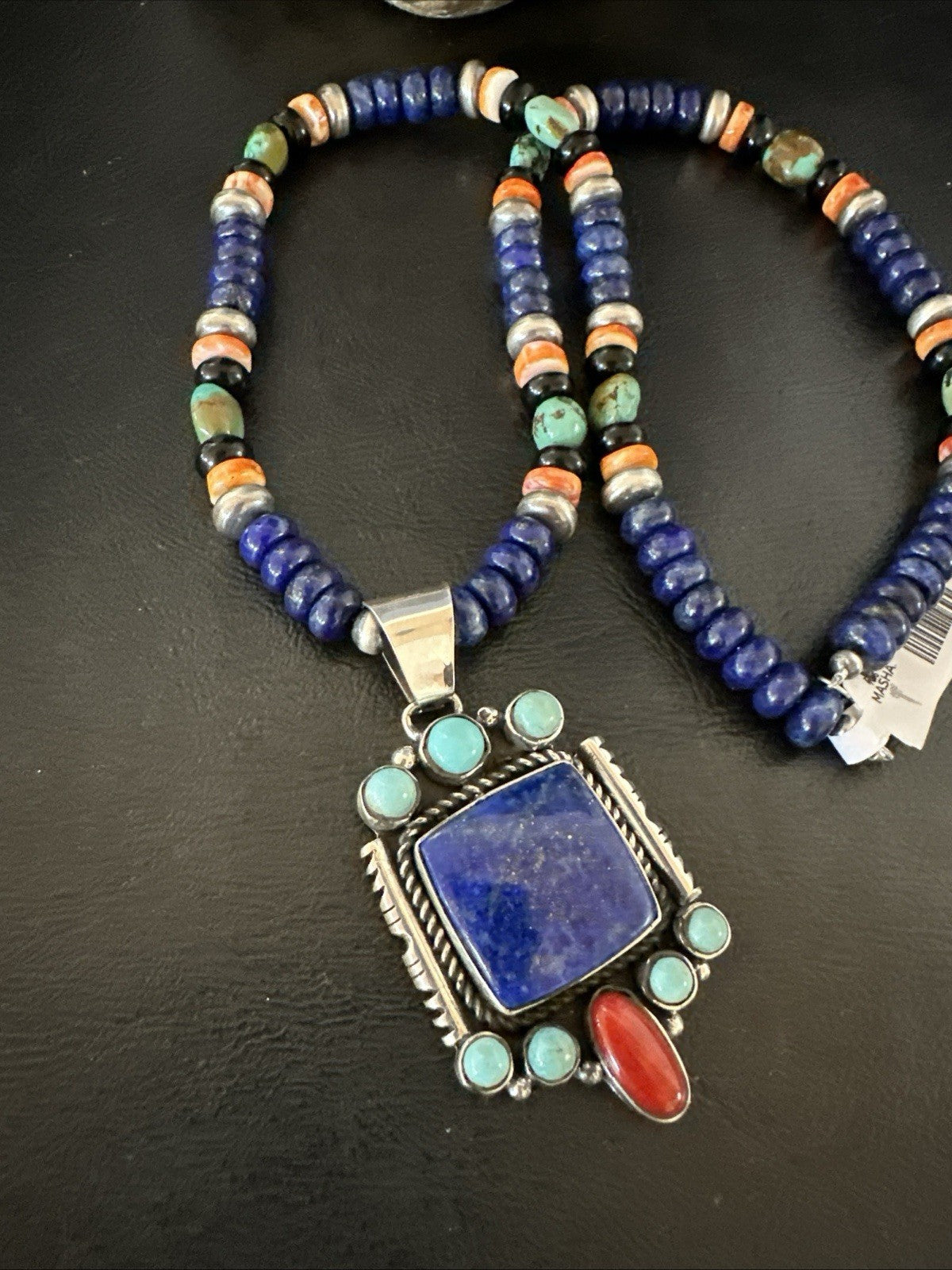 Multicolor Lapis Turquoise Pendant Navajo Sterling Silver Necklace 22” 19468
