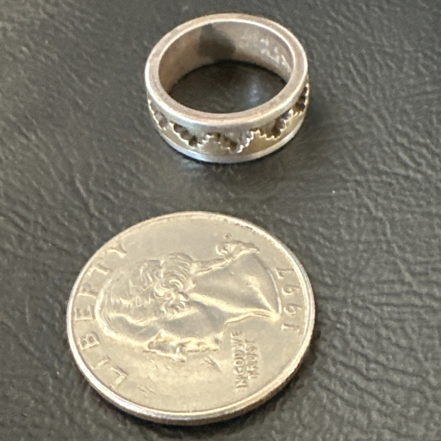Mens Wedding Band Navajo Stamped 14K Gold Sterling Silver Ring Sz 4 17969
