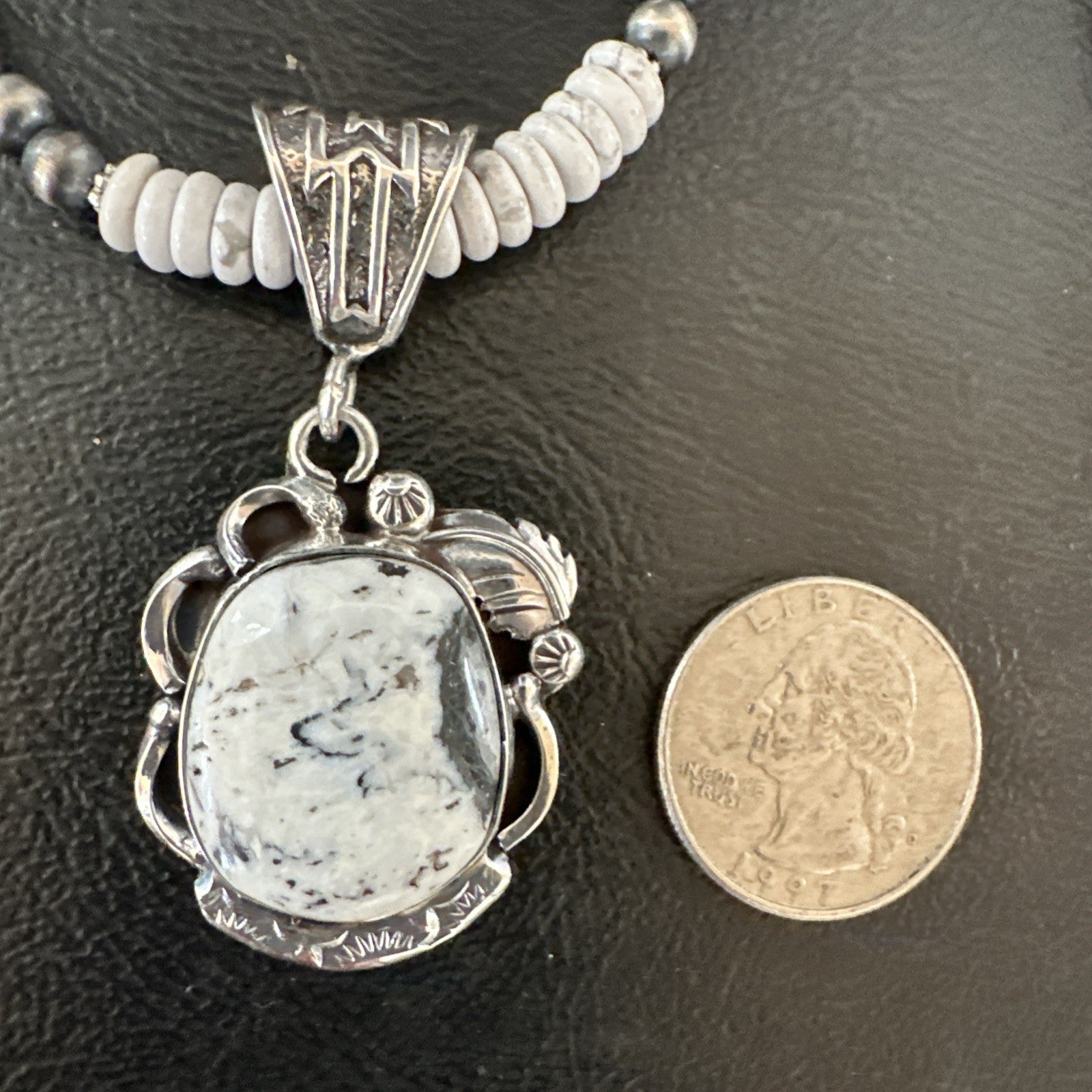White Buffalo Turquoise Pendant Navajo Pearls Sterling Silver Necklace 20” 19496