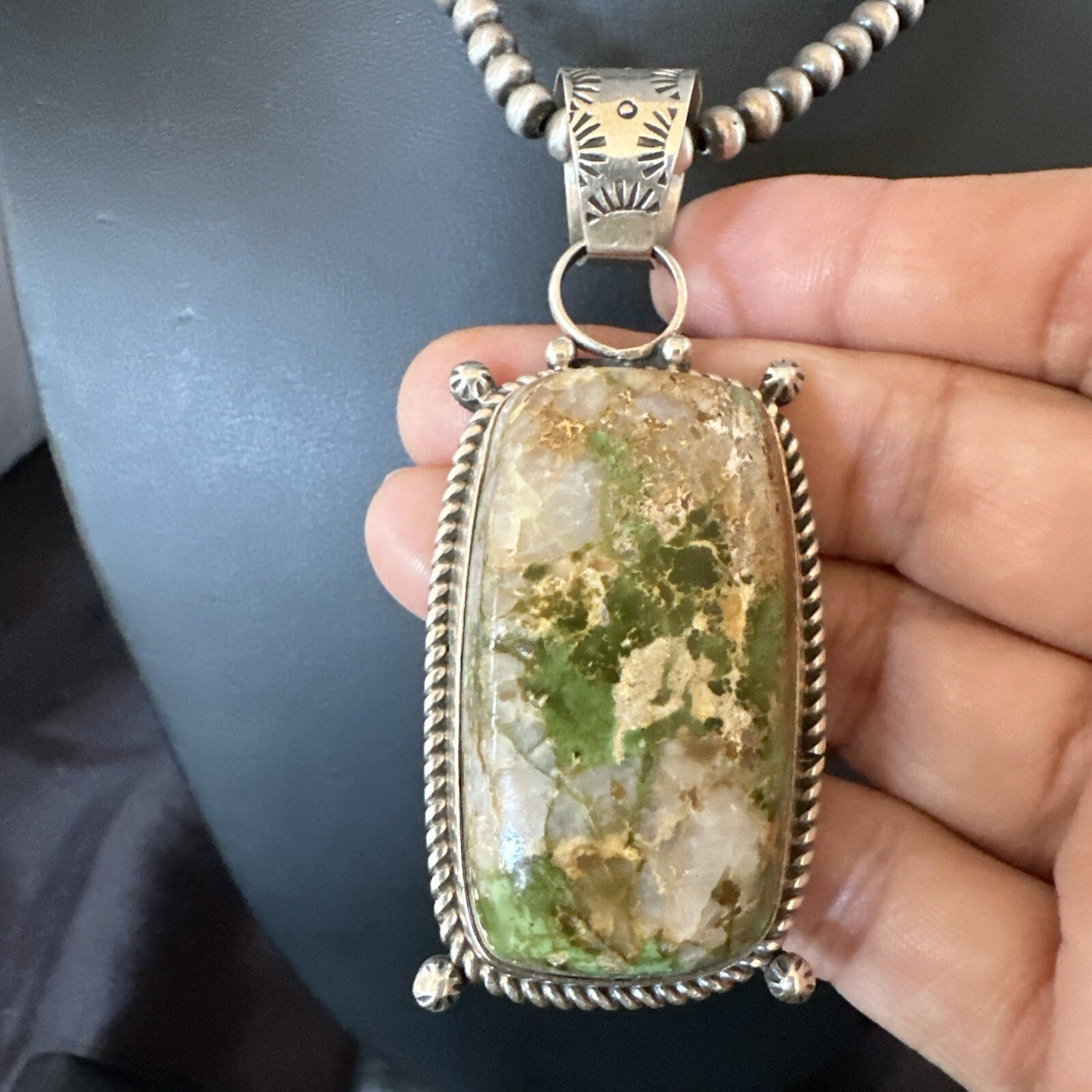 XL Mens Green Royston Turquoise Pendant Navajo Sterling Silver Necklace