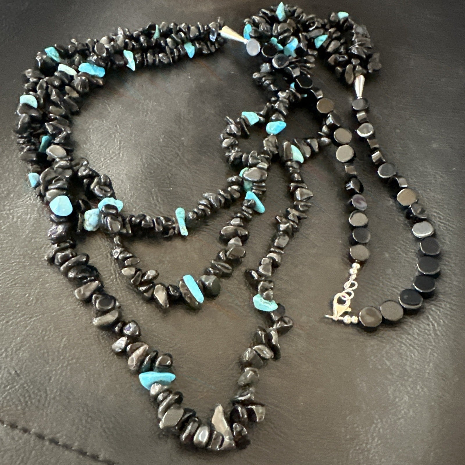 Sterling NAVAJO Black Onyx Blue Turquoise 3S Silver Necklace 30” 19577