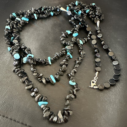 Sterling NAVAJO Black Onyx Blue Turquoise 3S Silver Necklace 30” 19577