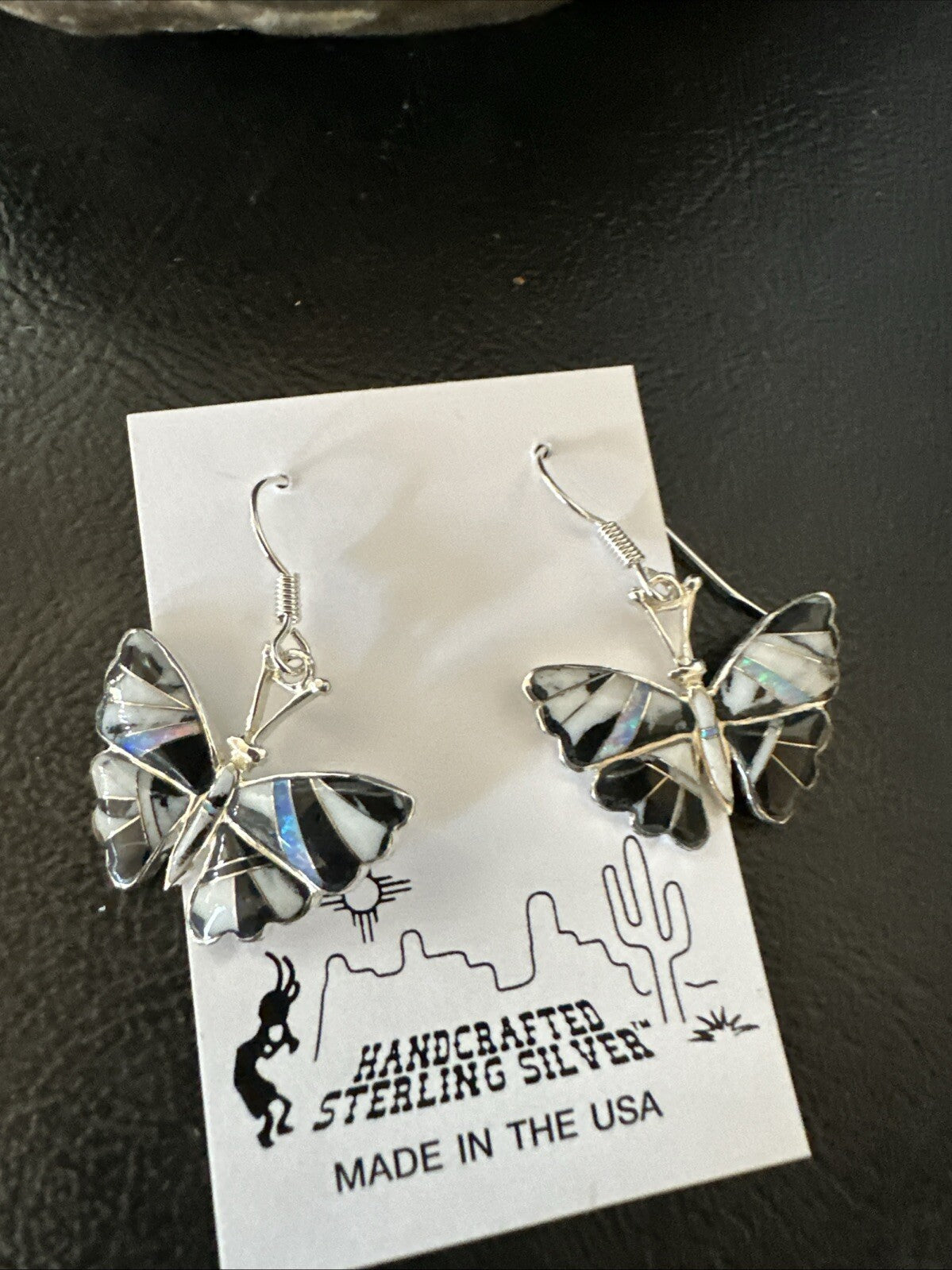 White Buffalo Turquoise Opal Onyx Sterling Silver ButterFly Earrings 18553