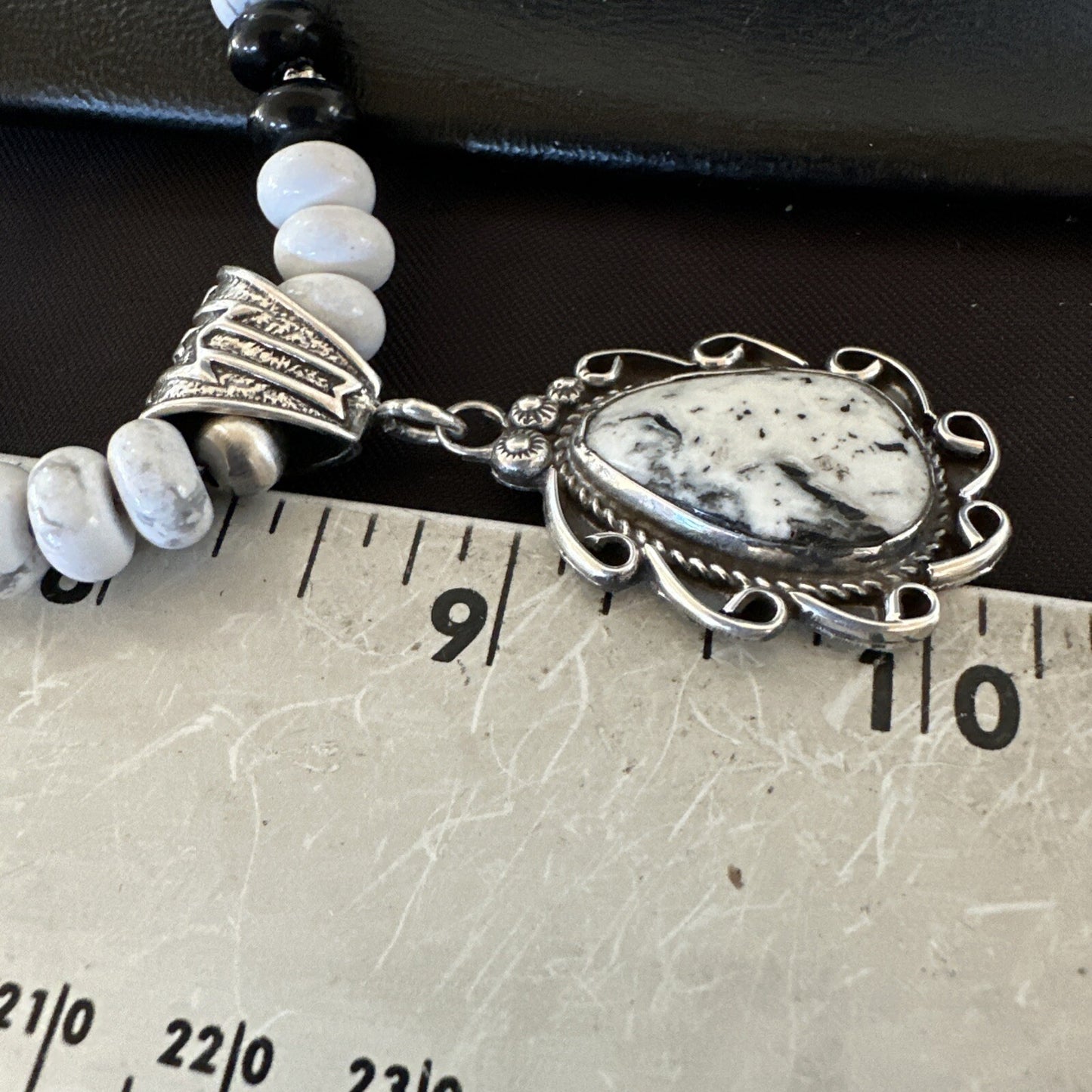 White Buffalo Turquoise Pendant Howlite Navajo Sterling Silver Necklace 24”18724
