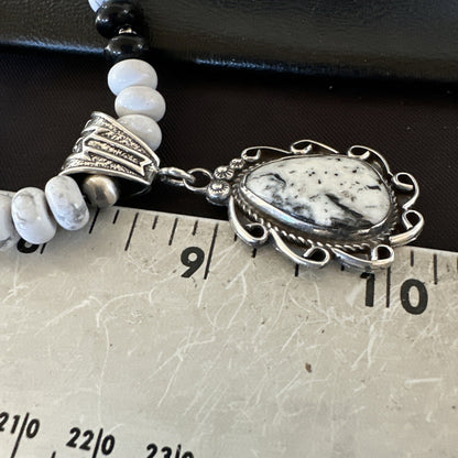 White Buffalo Turquoise Pendant Howlite Navajo Sterling Silver Necklace 24”18724