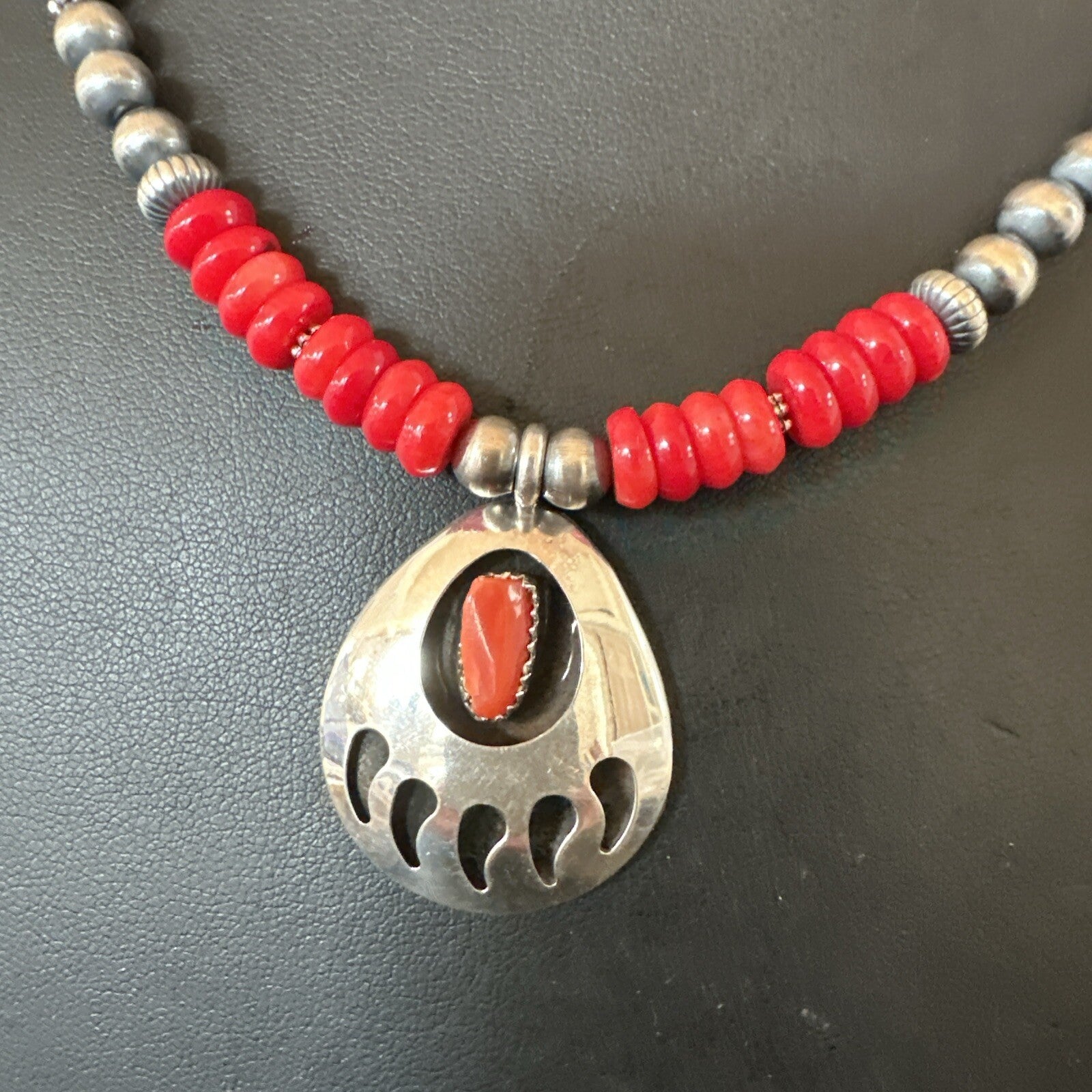 Mens Red Coral BearPaw Pendant Navajo Pearls Sterling Silver Necklace 17883