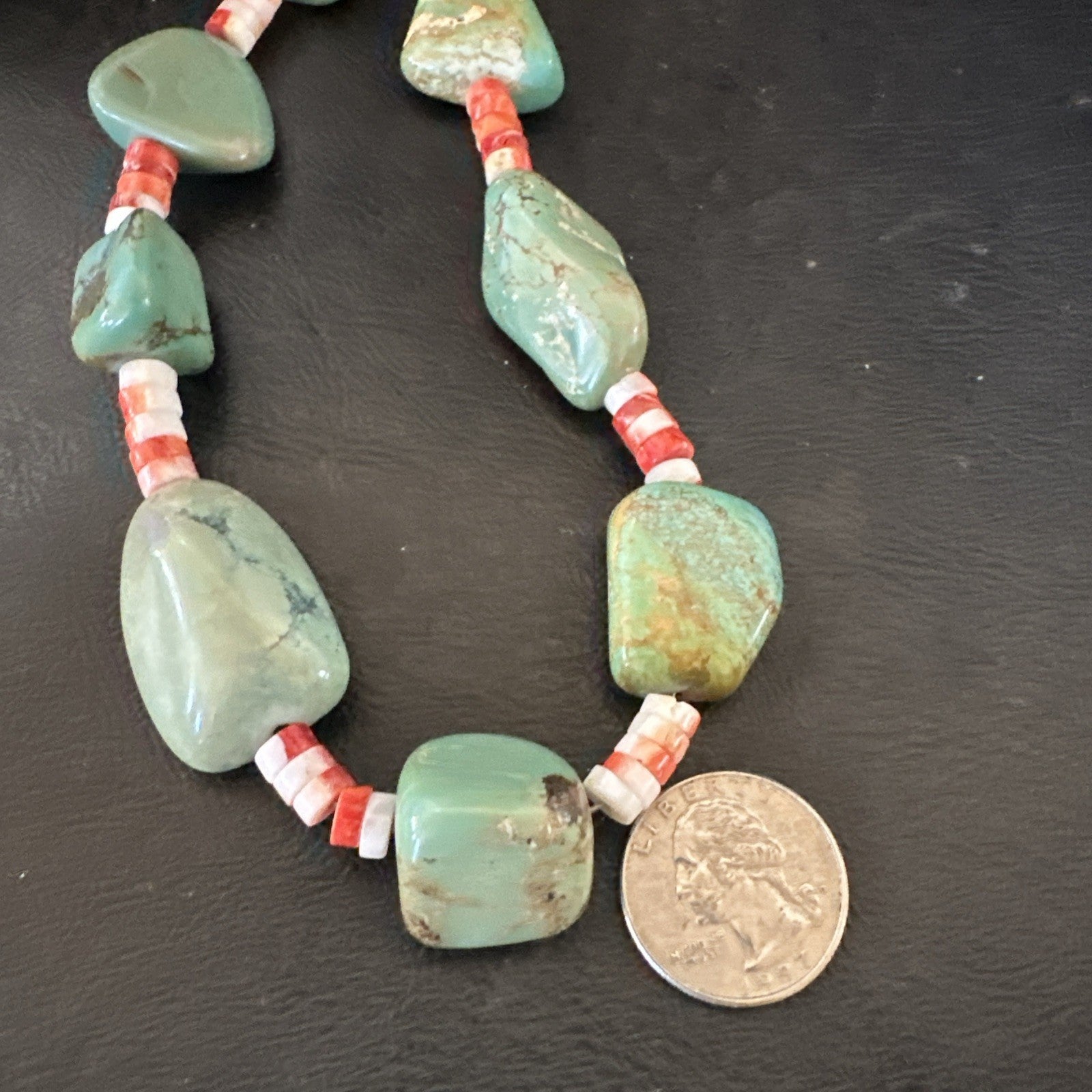 Navajo Green Turquoise Red Spiny Oyster Necklace Sterling 23" 19717