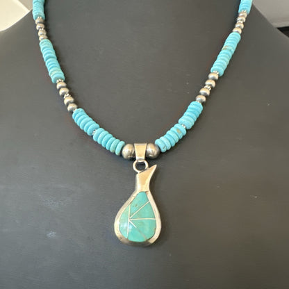 Pottery Blue Turquoise Inlay Pendant Navajo Sterling Silver Necklace 20" 19678