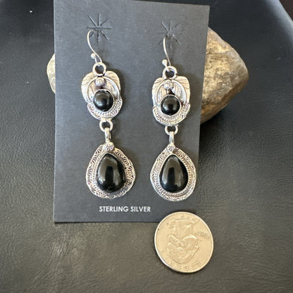 Black Onyx Navajo Sterling Silver Dangle Earrings 1.5" 18289