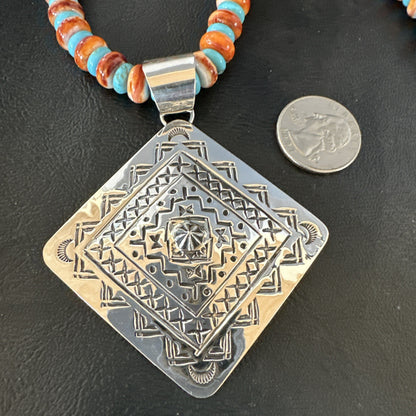 Orange Spiny Oyster Turquoise Navajo  Pendant Sterling Silver Necklace 21” 19043
