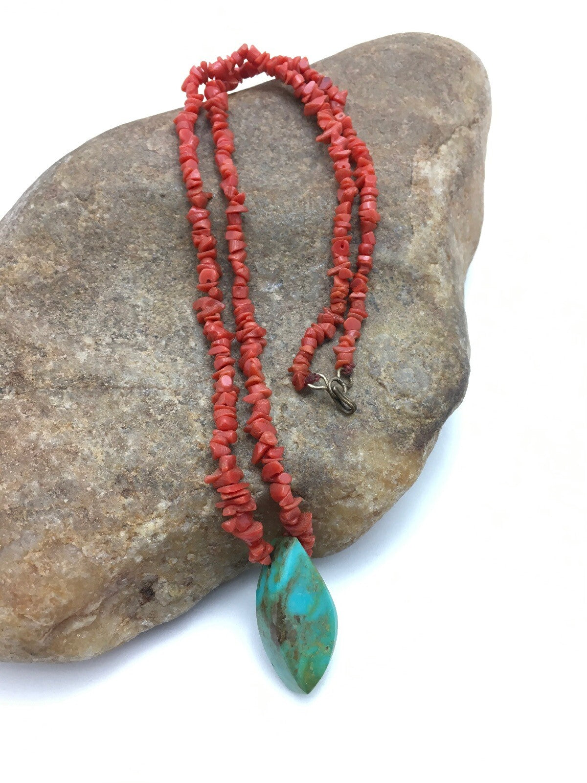 Native American Turquoise Pendant Coral Brass Old Pawn Necklace 19" 04005