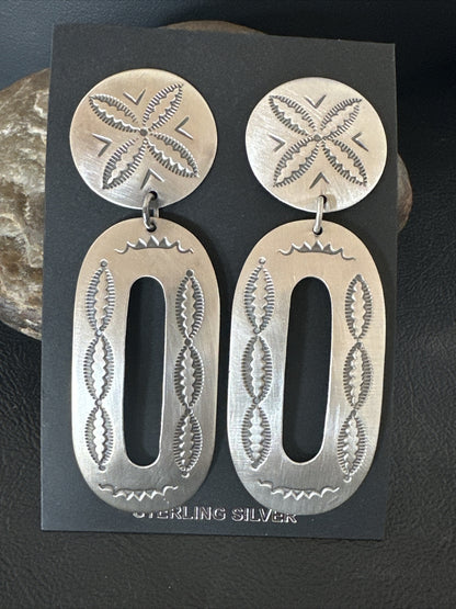 Popular Navajo Stamped Sterling Silver Stamped Handmade Earrings 2.75" 17857