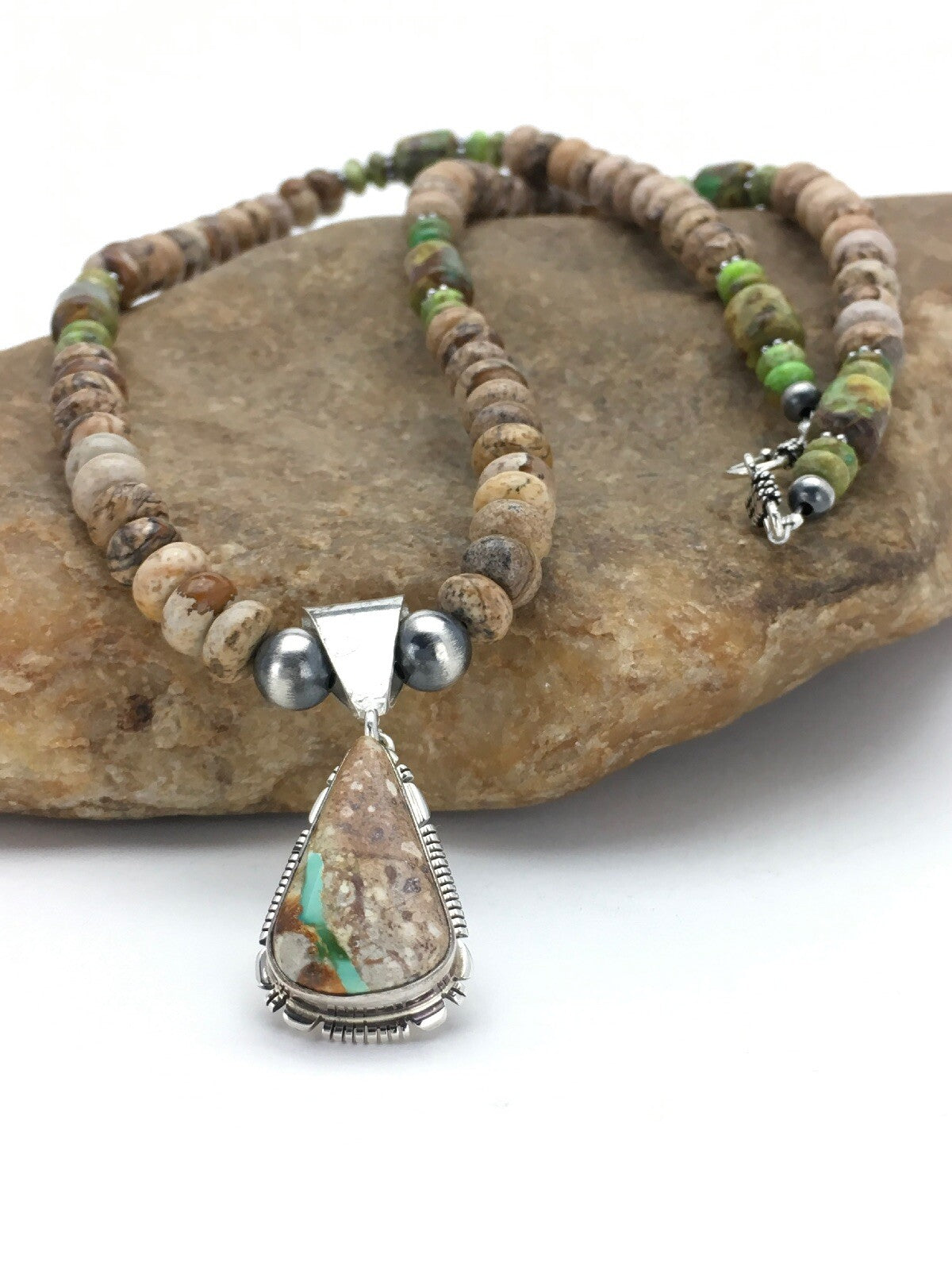 Green Turquoise Navajo Sterling Silver Necklace 2612