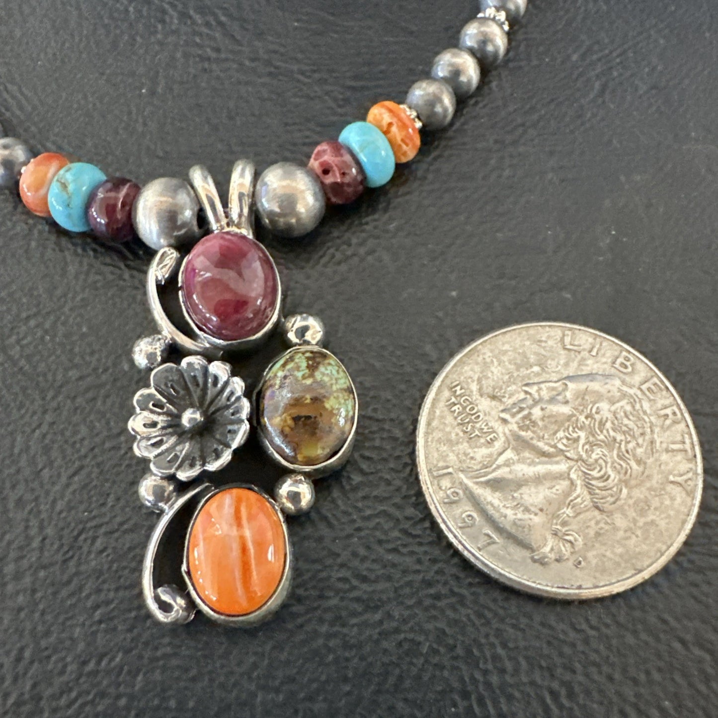 Multicolor Turquoise Spiny Navajo Sterling Silver Cluster Pendant Necklace 19640