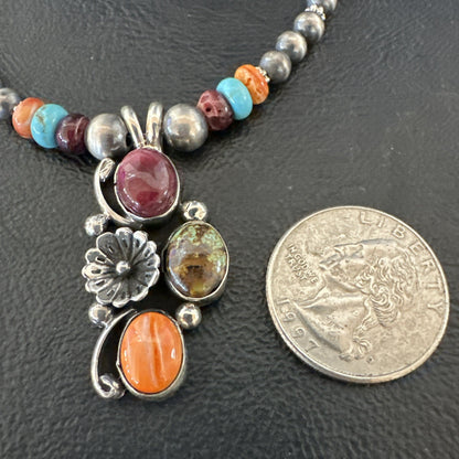 Multicolor Turquoise Spiny Navajo Sterling Silver Cluster Pendant Necklace 19640